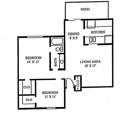 A floor plan of a home with a living area, two bedrooms, a dining area, a kitchen, and a patio.